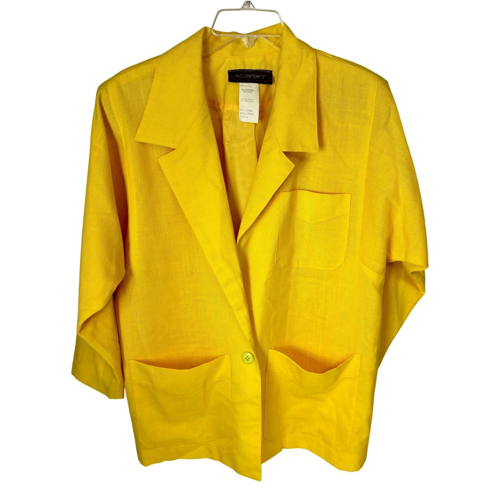 Cute 80s Raincoat Yellow Long Oversized Linen‎ Woven Pattern Coat Modern Large L